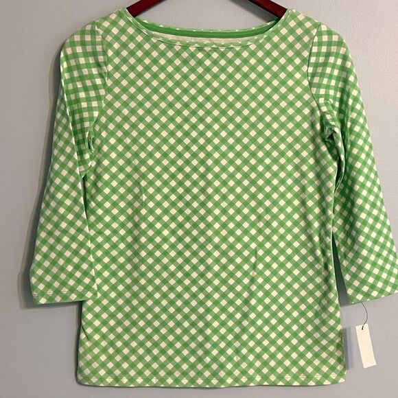NWT Talbots Pima Cotton Bateau Neck Tee Green Gingham Sz Petite //Quarter Sleeve - Picture 2 of 12